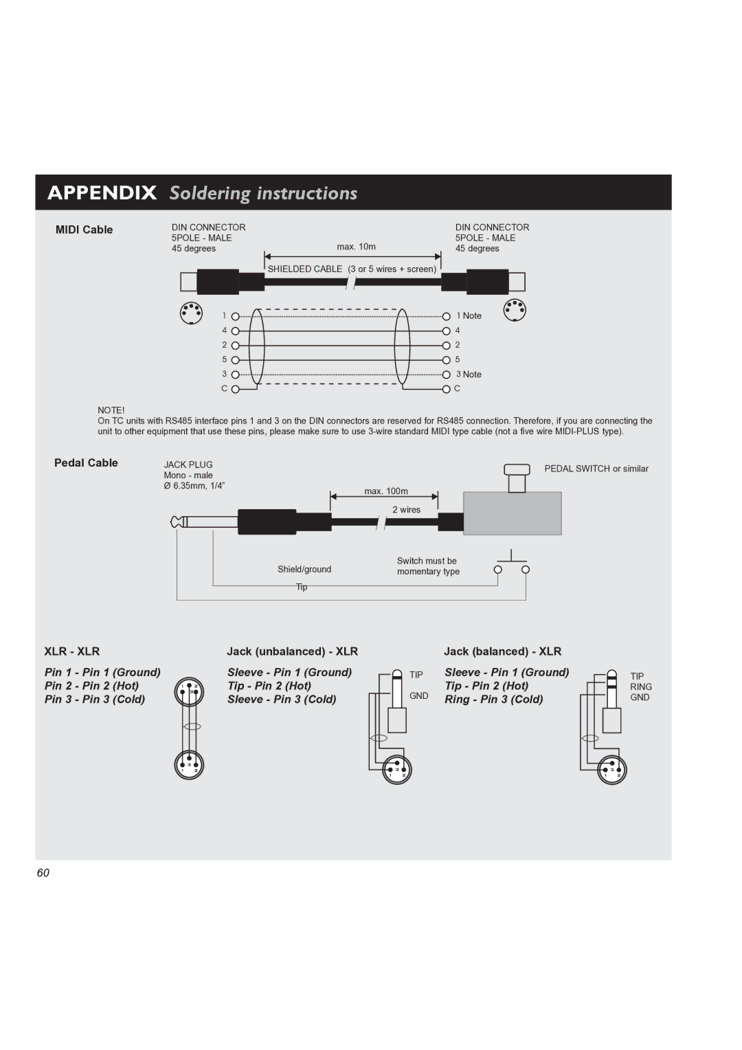 TC electronic SDN BHD M3000 user manual Midi Cable, Pedal Cable, Jack unbalanced XLR, Jack balanced XLR 