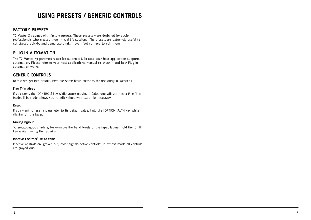 TC electronic SDN BHD Master X3 manual Using Presets / Generic Controls, Factory Presets, PLUG-IN Automation 