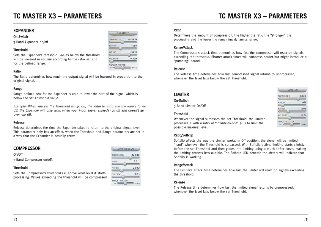 TC electronic SDN BHD Master X3 manual Expander, Compressor, Limiter 