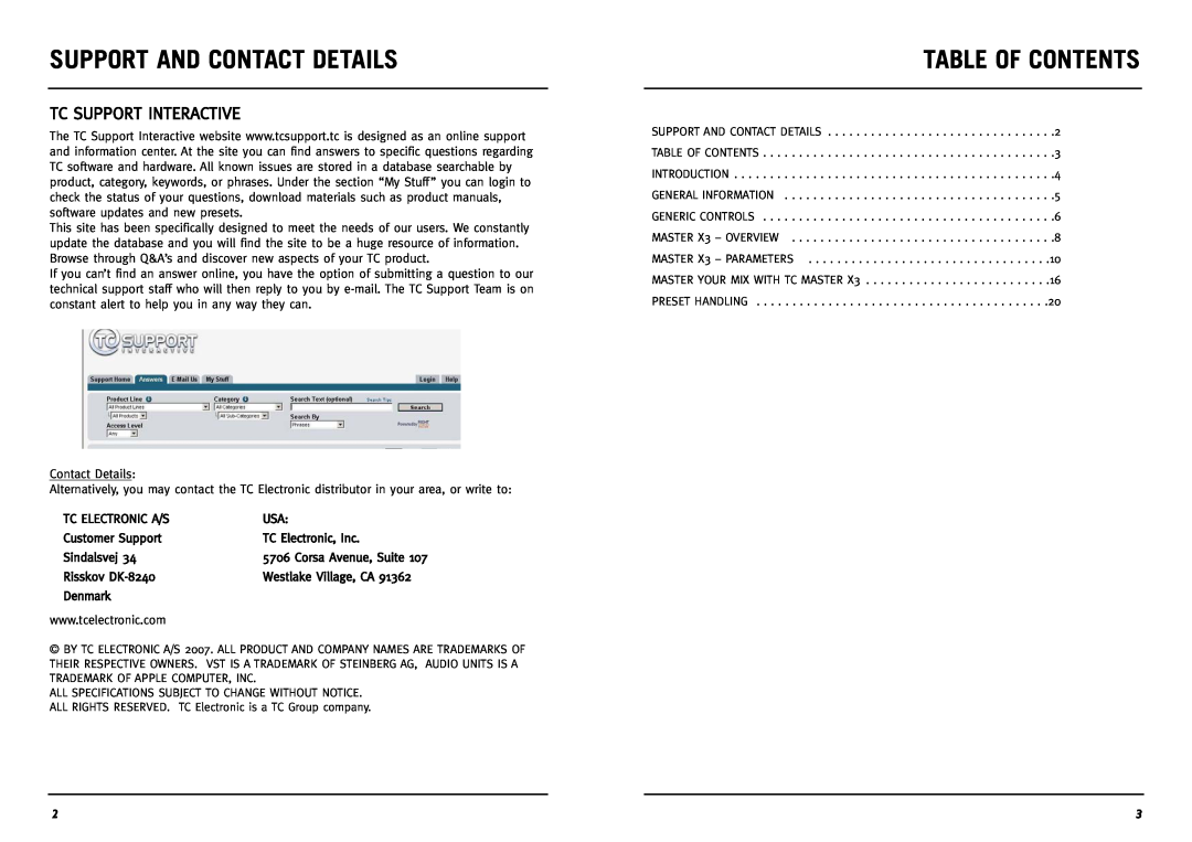 TC electronic SDN BHD Master X3 manual Support And Contact Details, Table Of Contents, Tc Support Interactive 