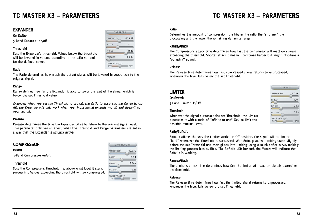TC electronic SDN BHD Master X3 manual Expander, Compressor, Limiter, TC MASTER X3 - PARAMETERS 