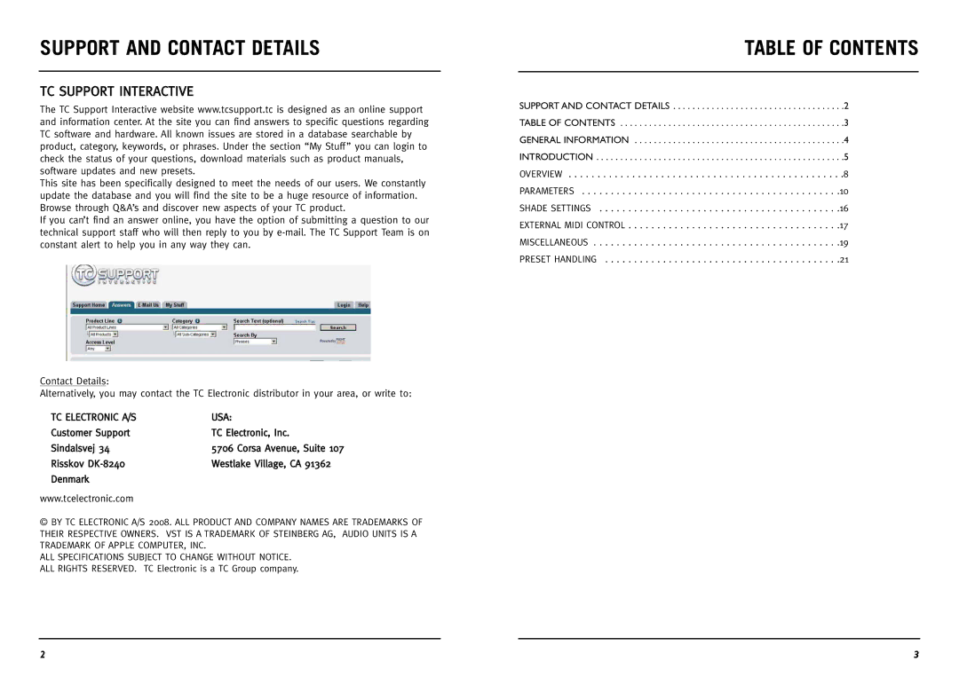 TC electronic SDN BHD Multi-Tap Delay manual Support and Contact Details, Table of Contents 