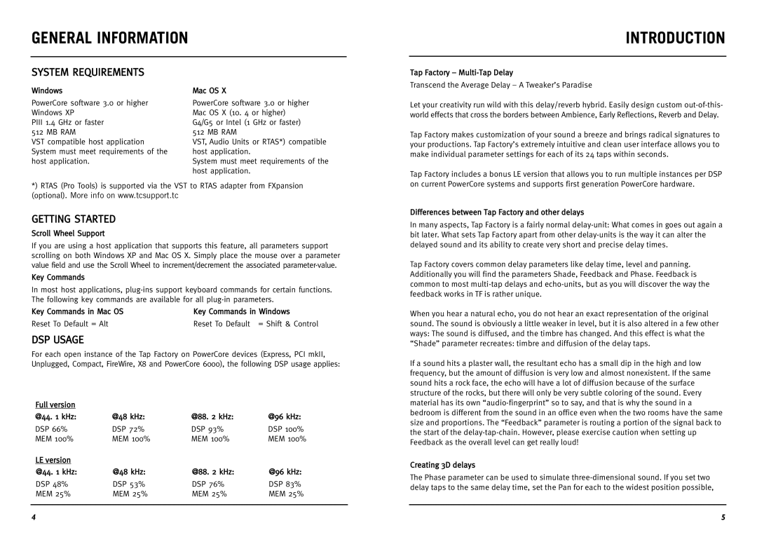 TC electronic SDN BHD Multi-Tap Delay General Information, Introduction, System Requirements, Getting Started, DSP Usage 