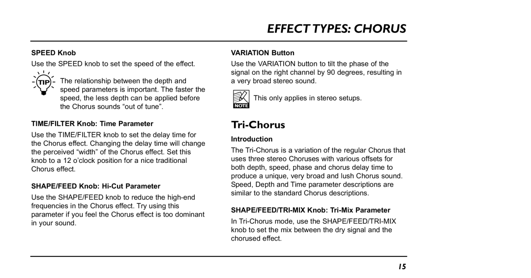 TC electronic SDN BHD NM-1 Tri-Chorus, TIME/FILTER Knob Time Parameter, SHAPE/FEED Knob Hi-Cut Parameter, Variation Button 