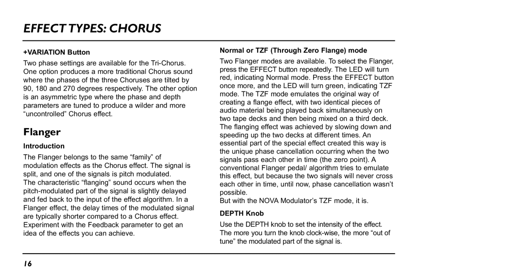 TC electronic SDN BHD NM-1 user manual Flanger, +VARIATION Button, Normal or TZF Through Zero Flange mode 