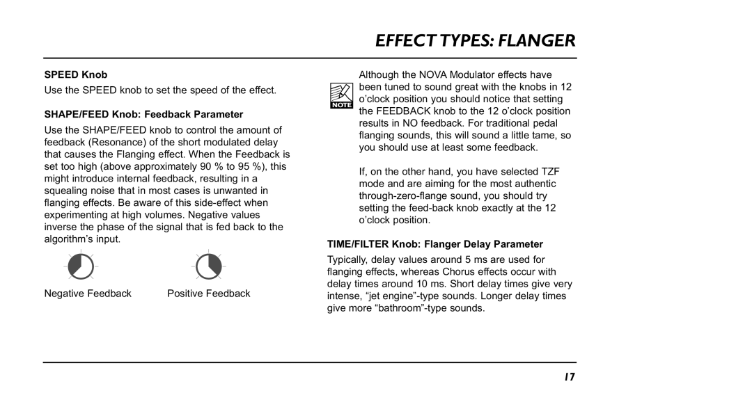 TC electronic SDN BHD NM-1 user manual Effect Types Flanger, SHAPE/FEED Knob Feedback Parameter 