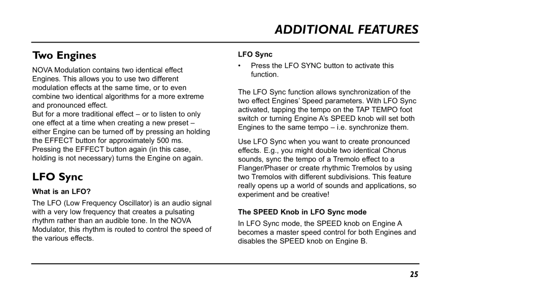 TC electronic SDN BHD NM-1 user manual Additional Features, Two Engines, LFO Sync 