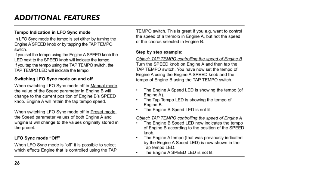 TC electronic SDN BHD NM-1 Tempo Indication in LFO Sync mode, Switching LFO Sync mode on and off, LFO Sync mode Off 