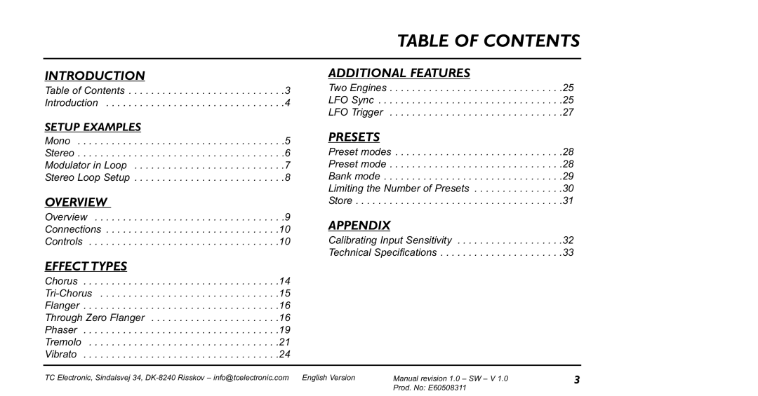 TC electronic SDN BHD NM-1 user manual Table of Contents 