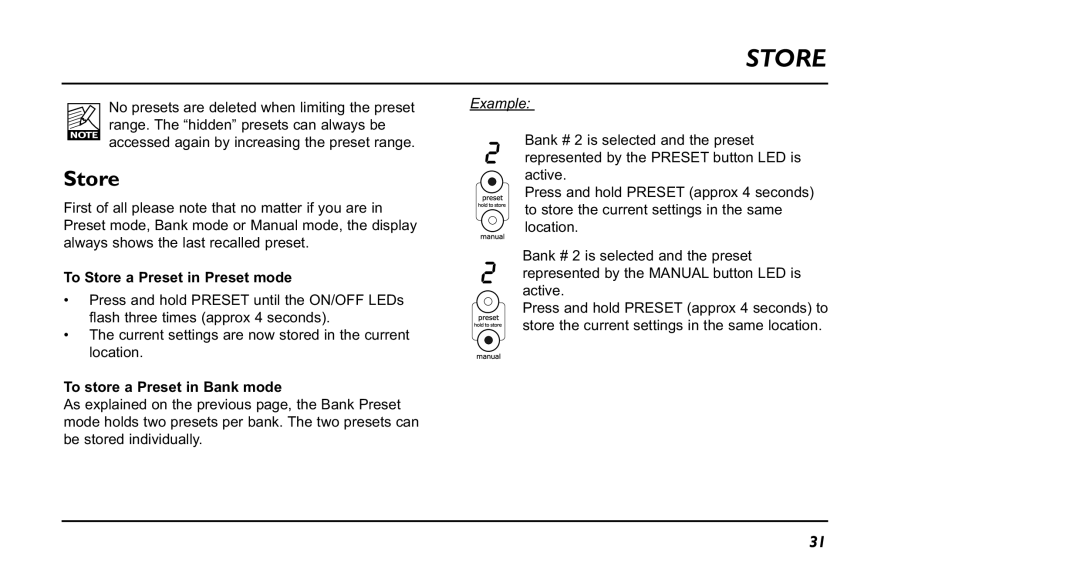 TC electronic SDN BHD NM-1 user manual To Store a Preset in Preset mode, To store a Preset in Bank mode 