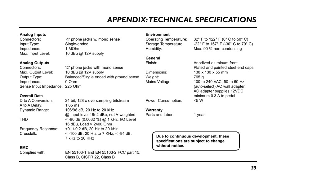 TC electronic SDN BHD NM-1 user manual Appendixtechnical Specifications, Analog Inputs Environment 