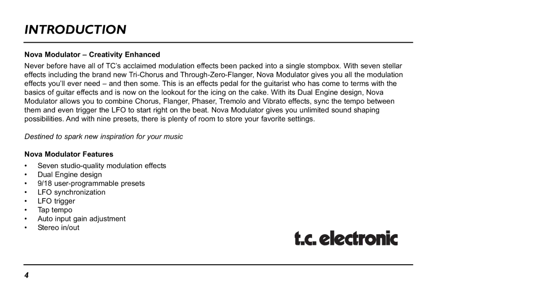 TC electronic SDN BHD NM-1 user manual Introduction, Nova Modulator Creativity Enhanced, Nova Modulator Features 