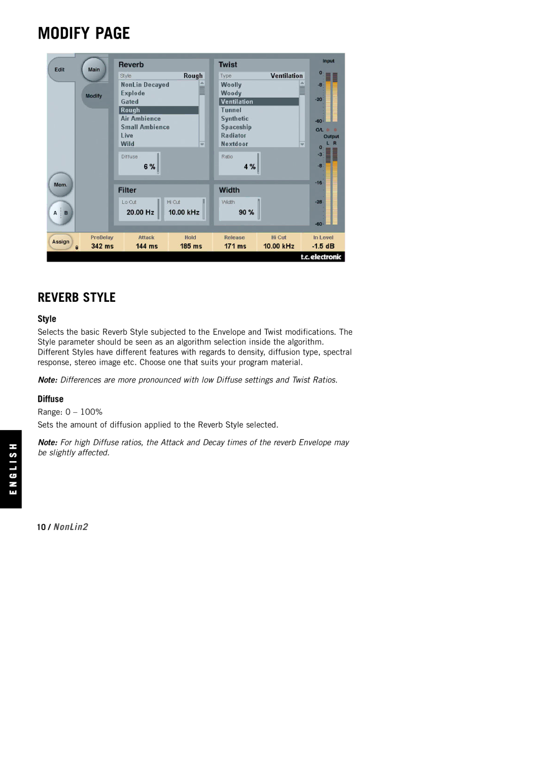 TC electronic SDN BHD NonLin2 manual Modify, Reverb Style, Diffuse 