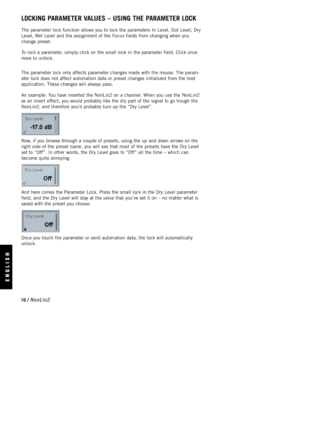 TC electronic SDN BHD NonLin2 manual Locking Parameter Values Using the Parameter Lock 