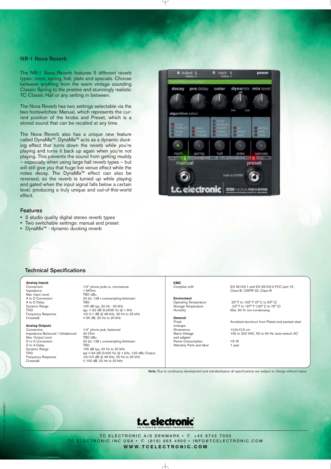 TC electronic SDN BHD manual NR-1 Nova Reverb, Technical Specifications 