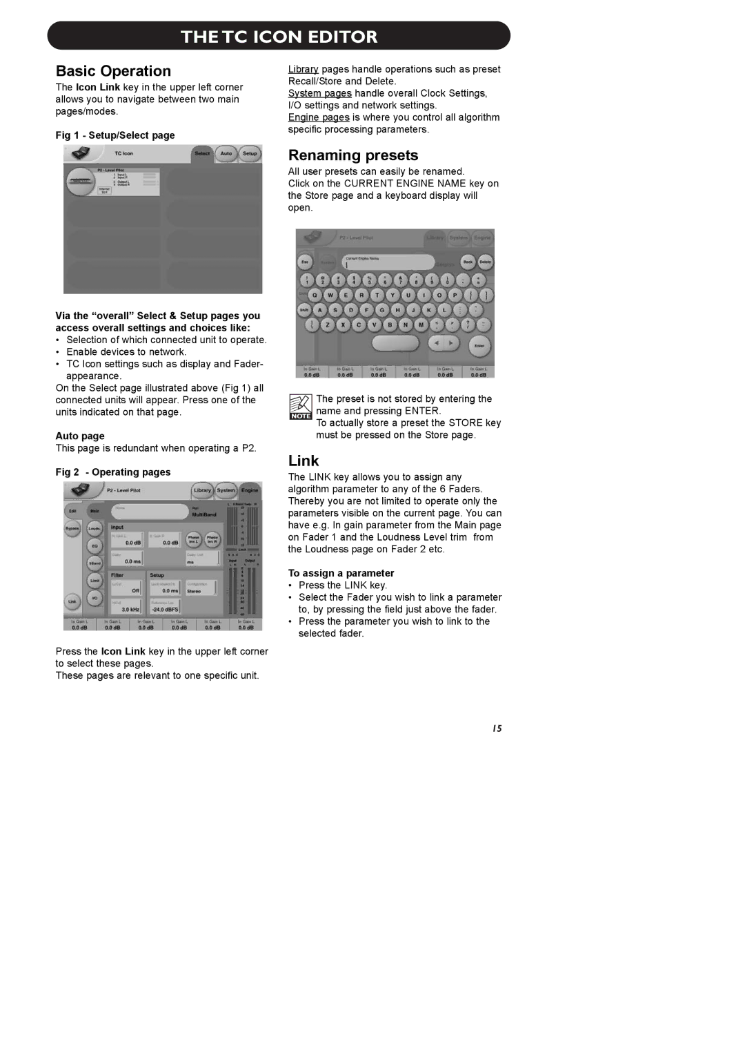 TC electronic SDN BHD P2 manual Basic Operation, Renaming presets, Link 