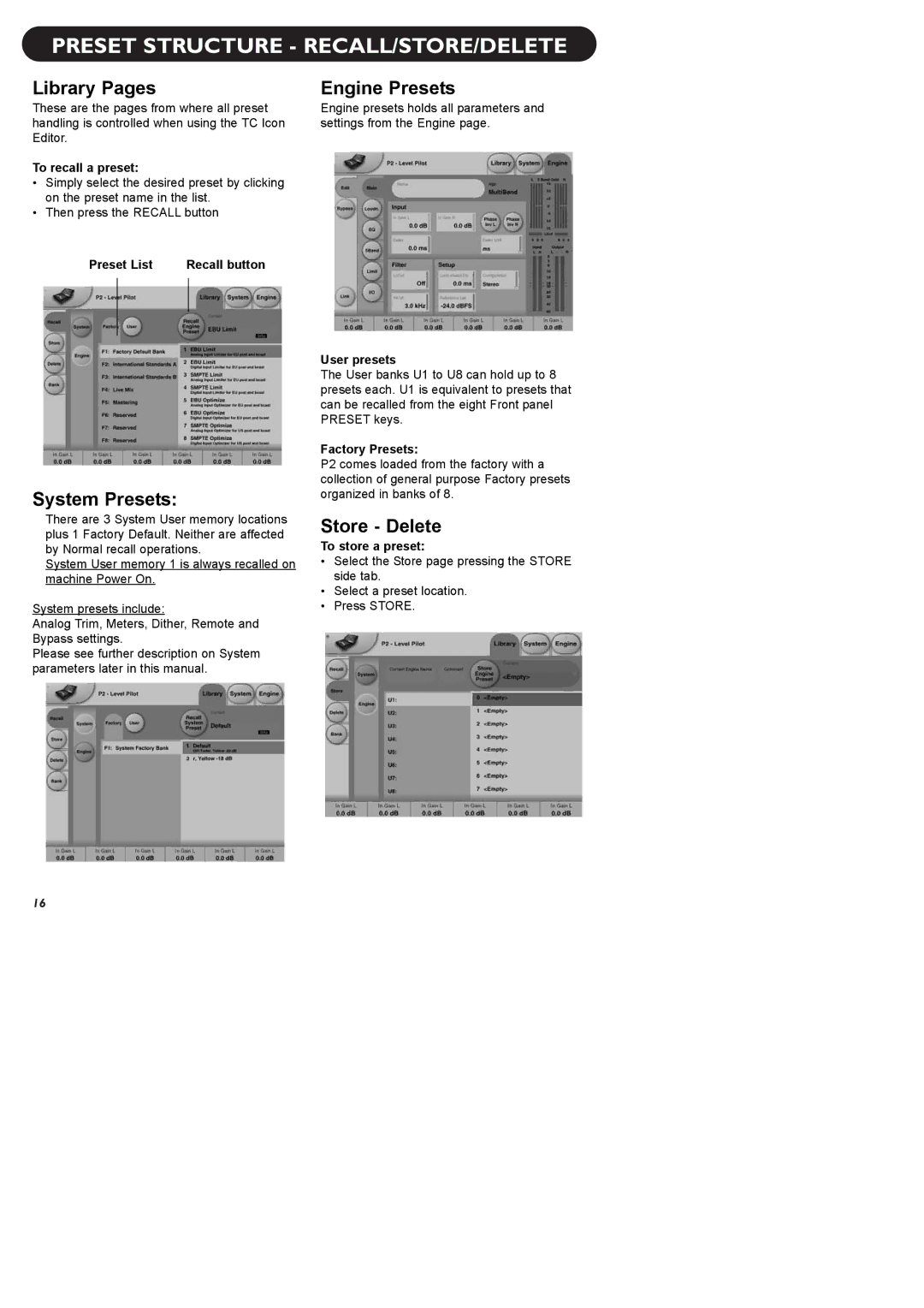 TC electronic SDN BHD P2 Preset Structure RECALL/STORE/DELETE, Library Pages, System Presets, Engine Presets, Store Delete 