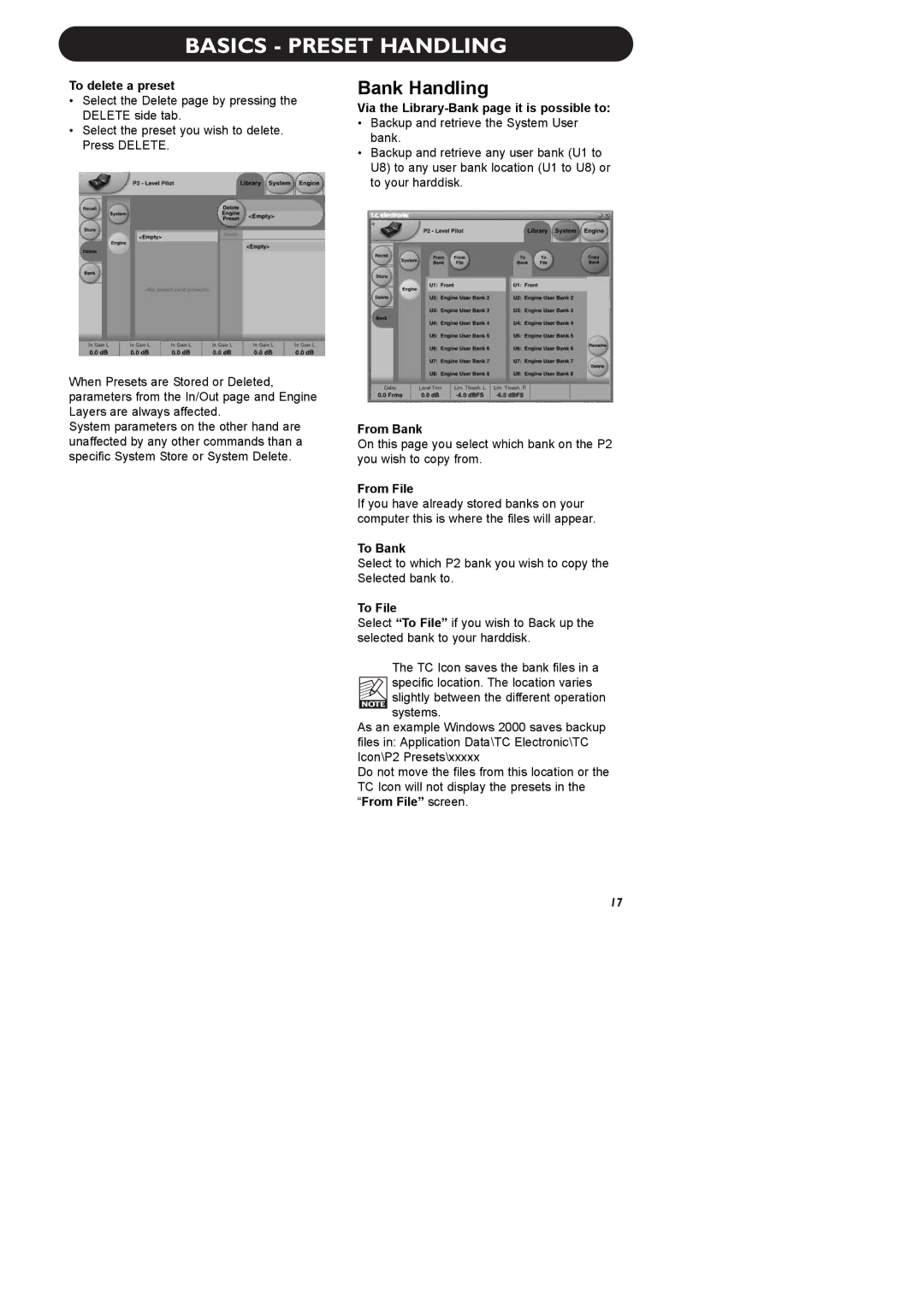 TC electronic SDN BHD P2 manual Basics Preset Handling, Bank Handling 