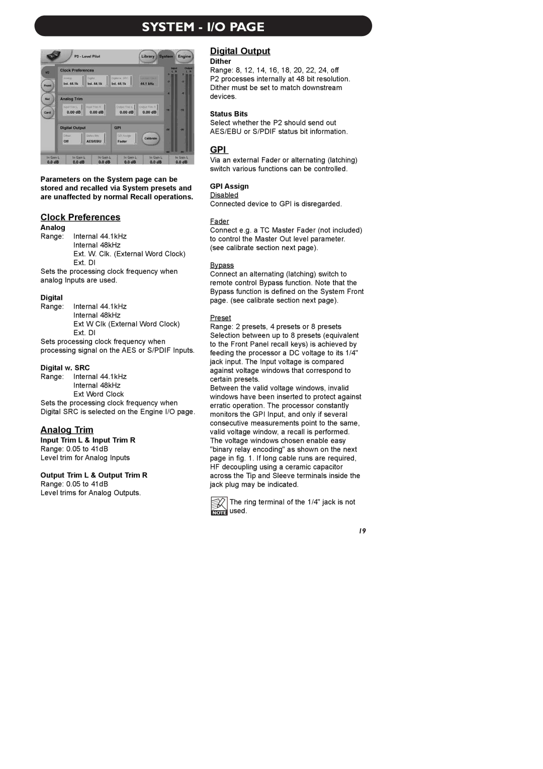 TC electronic SDN BHD P2 manual System I/O 