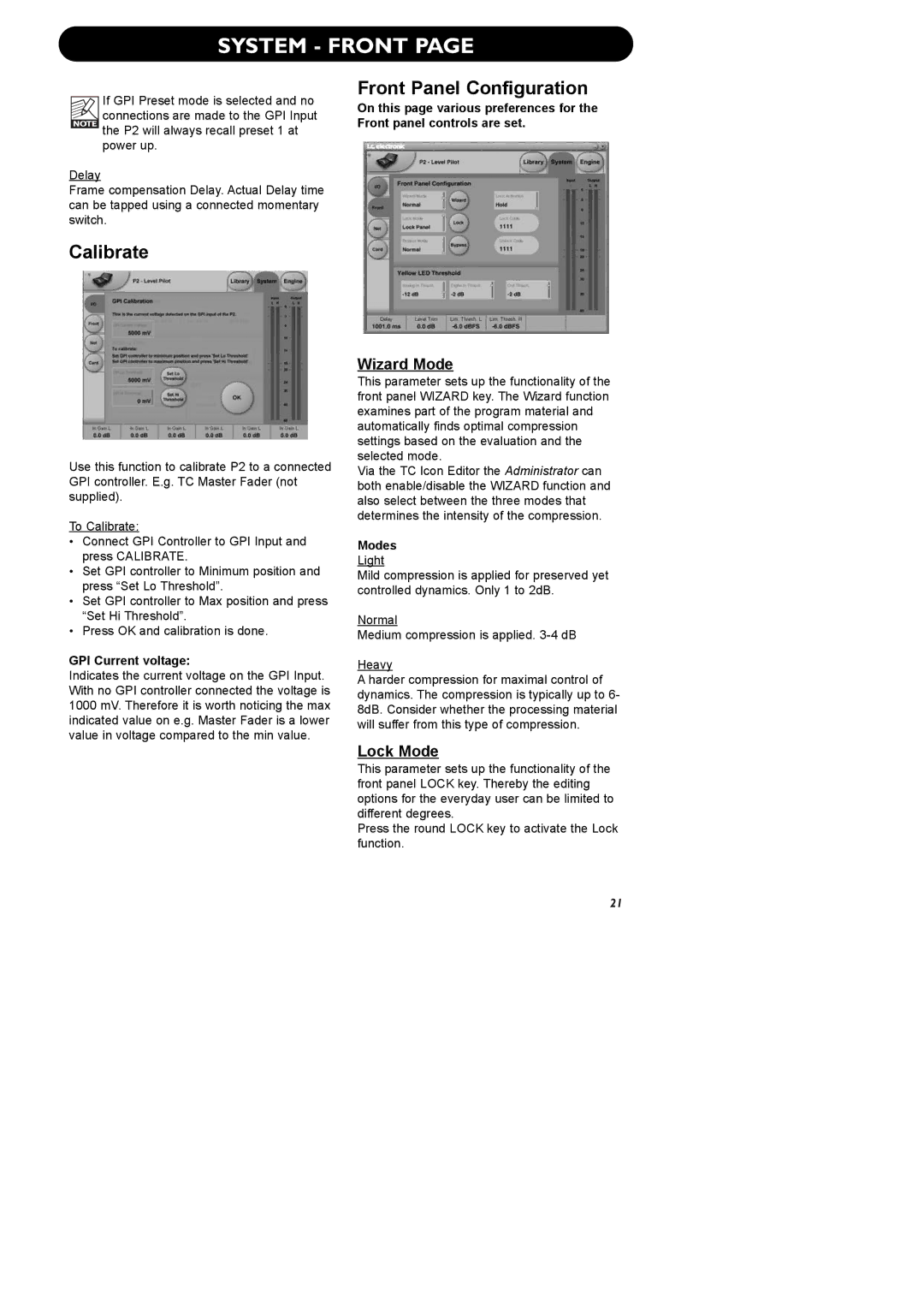 TC electronic SDN BHD P2 manual System Front, Calibrate, Front Panel Configuration, GPI Current voltage, Modes 