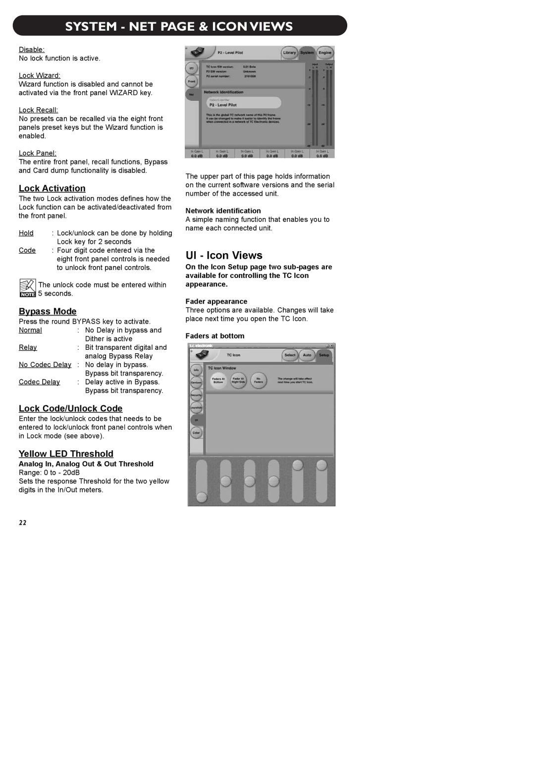 TC electronic SDN BHD P2 manual System NET page & Icon Views, UI Icon Views, Network identification, Faders at bottom 