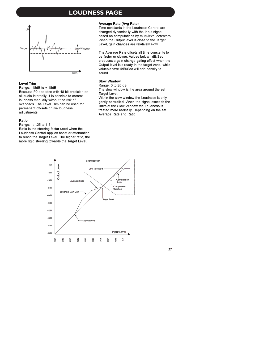 TC electronic SDN BHD P2 manual Level Trim, Ratio, Average Rate Avg Rate, Slow Window Range 0 to 20 dB 