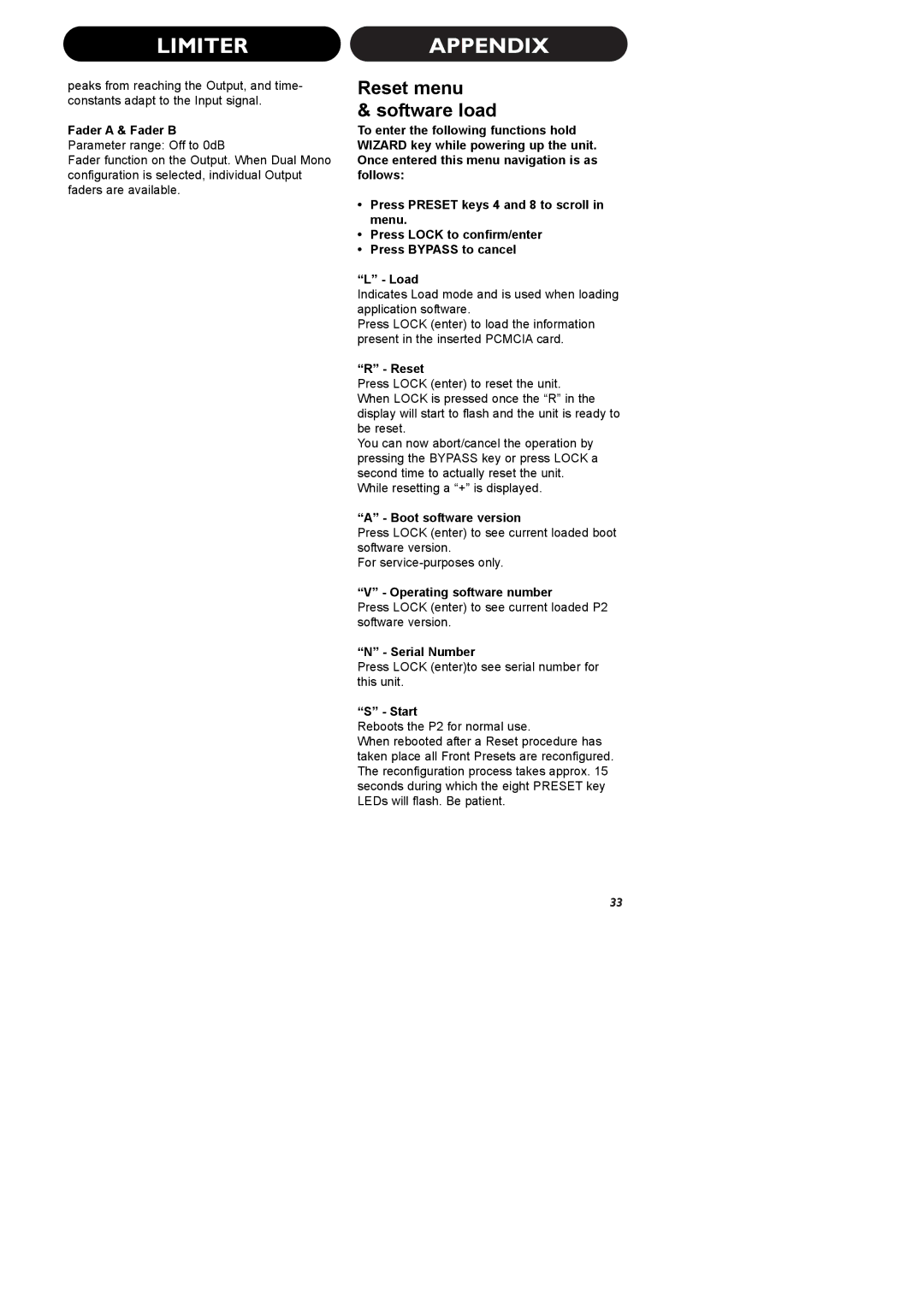 TC electronic SDN BHD P2 manual Limiterappendix, Reset menu Software load 