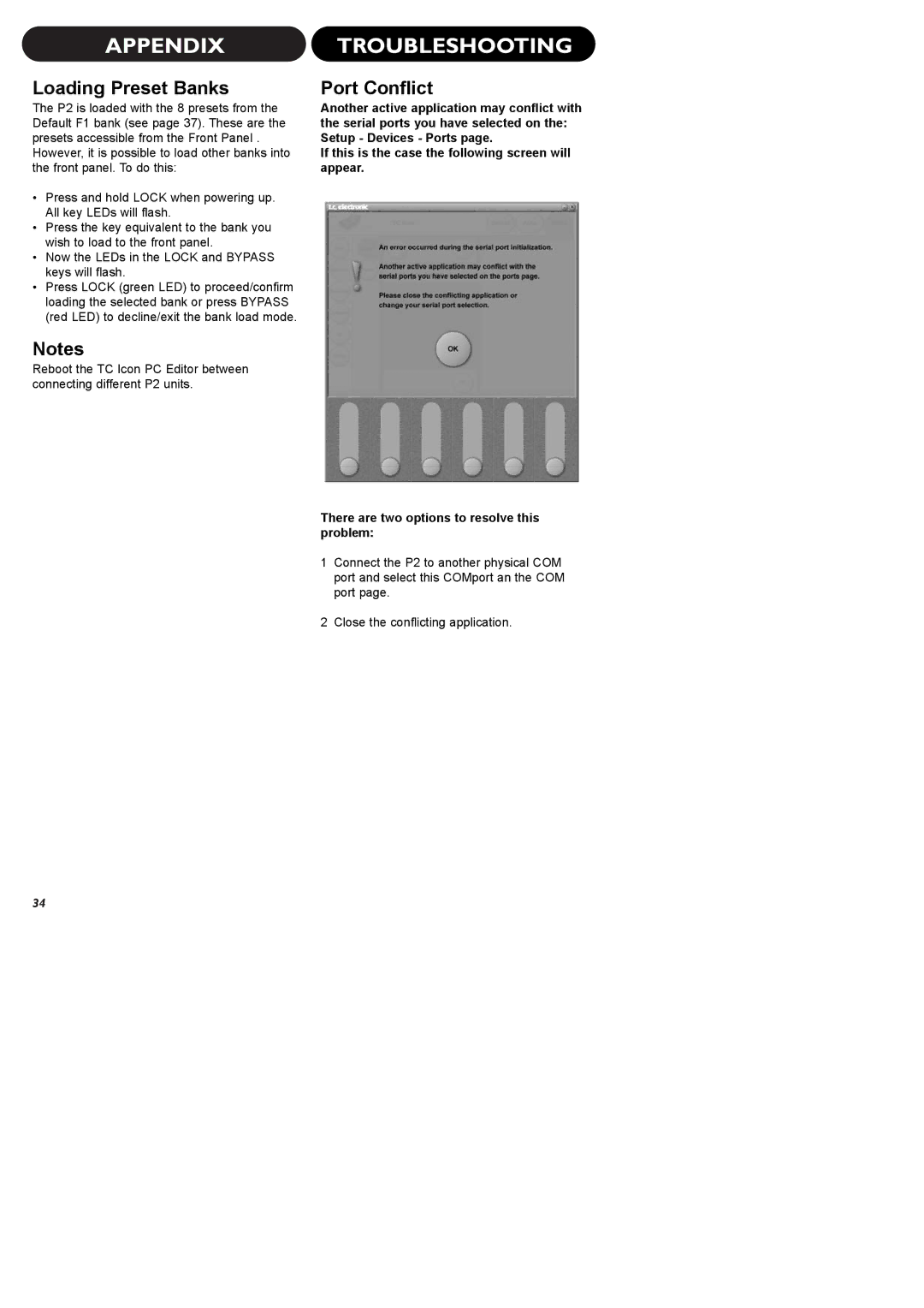 TC electronic SDN BHD P2 manual Appendix Troubleshooting, Loading Preset Banks, Port Conflict 