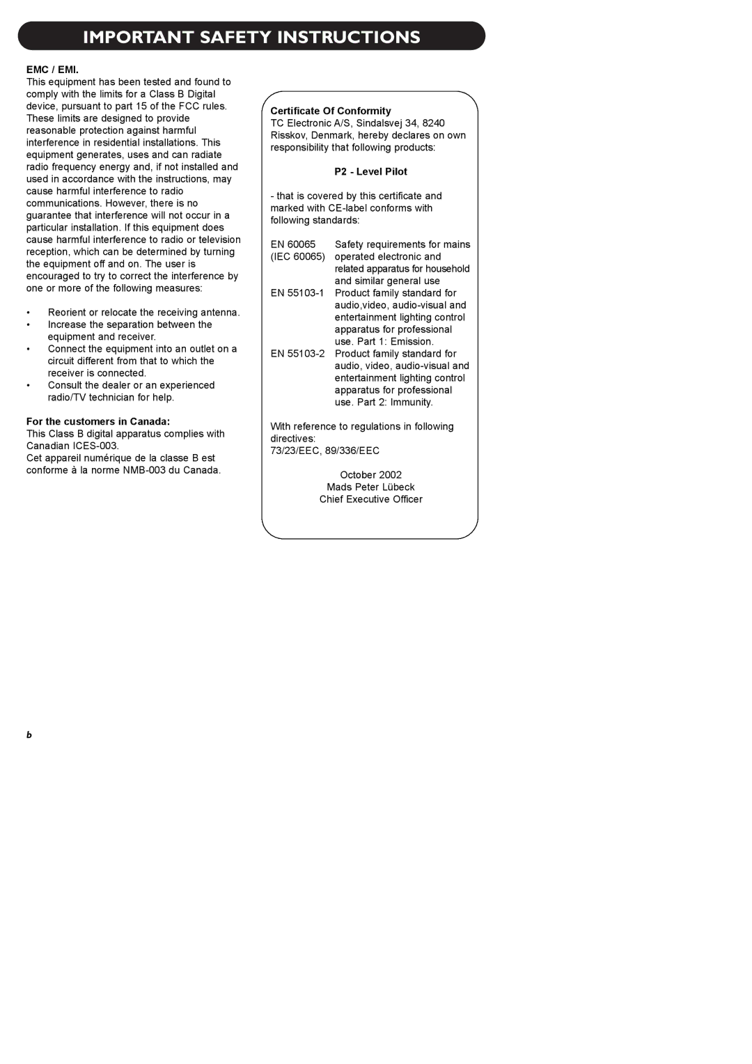 TC electronic SDN BHD manual For the customers in Canada, Certificate Of Conformity, P2 Level Pilot 