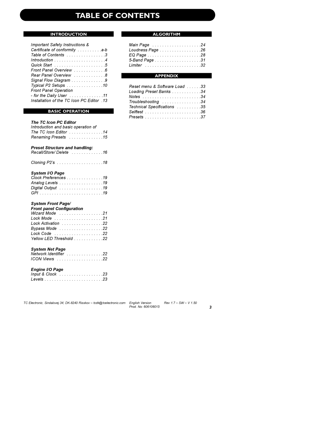 TC electronic SDN BHD P2 manual Table of Contents 