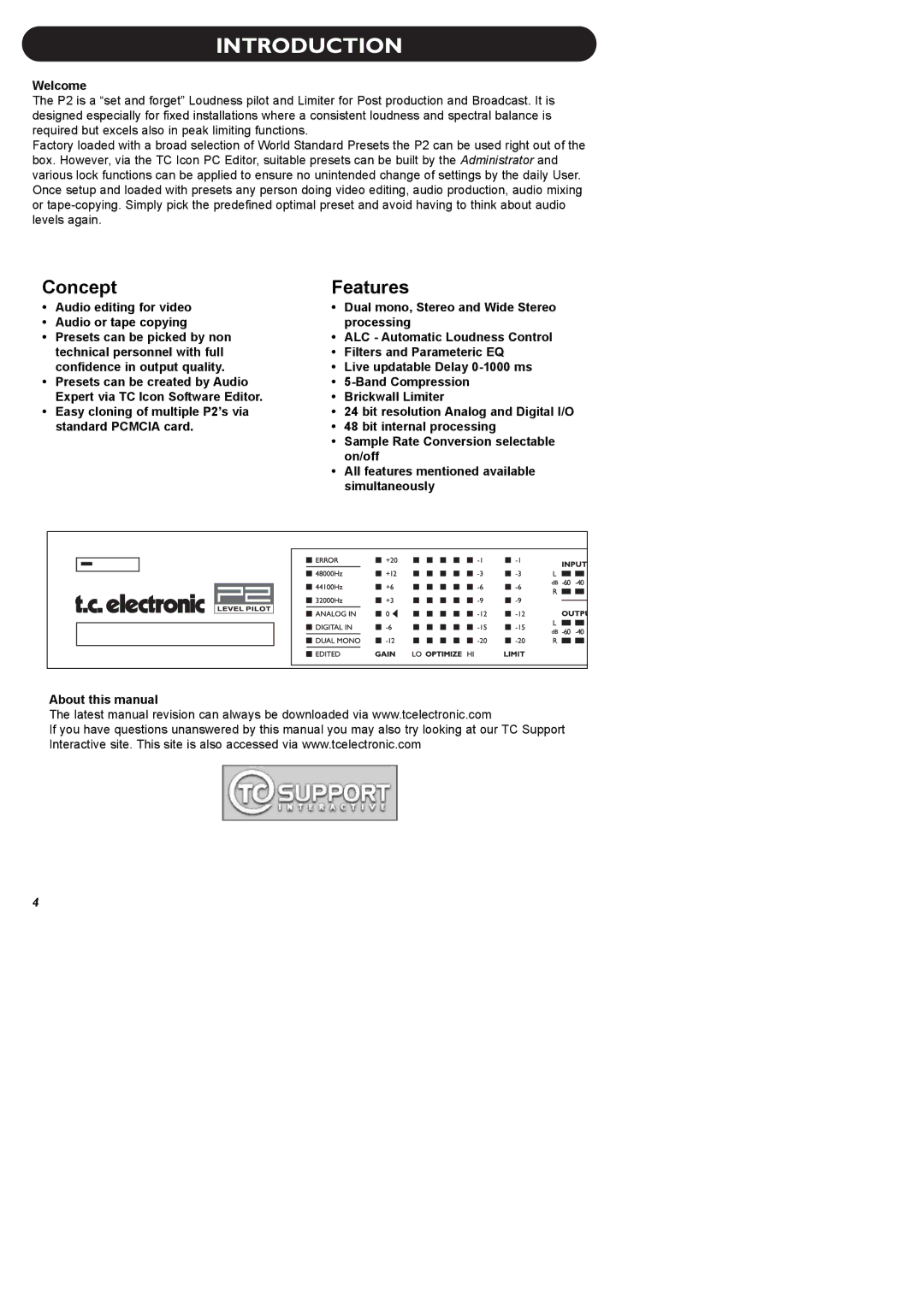 TC electronic SDN BHD P2 manual Introduction, Concept, Features 