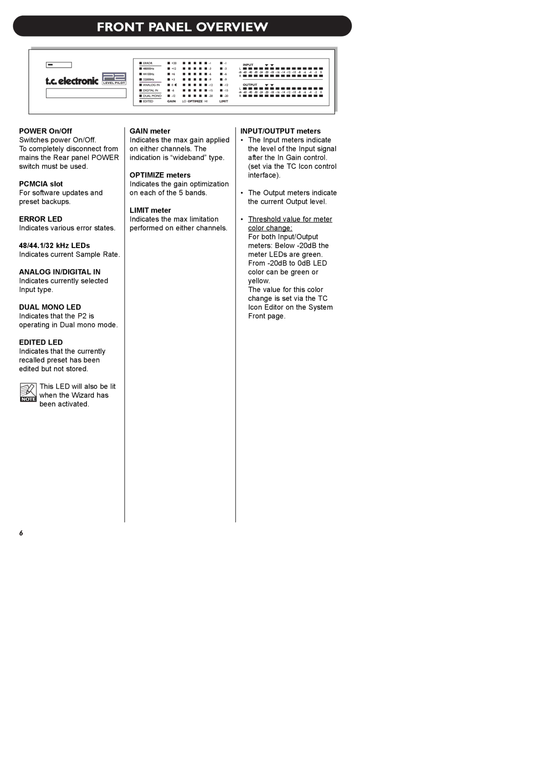 TC electronic SDN BHD P2 manual Front Panel Overview 