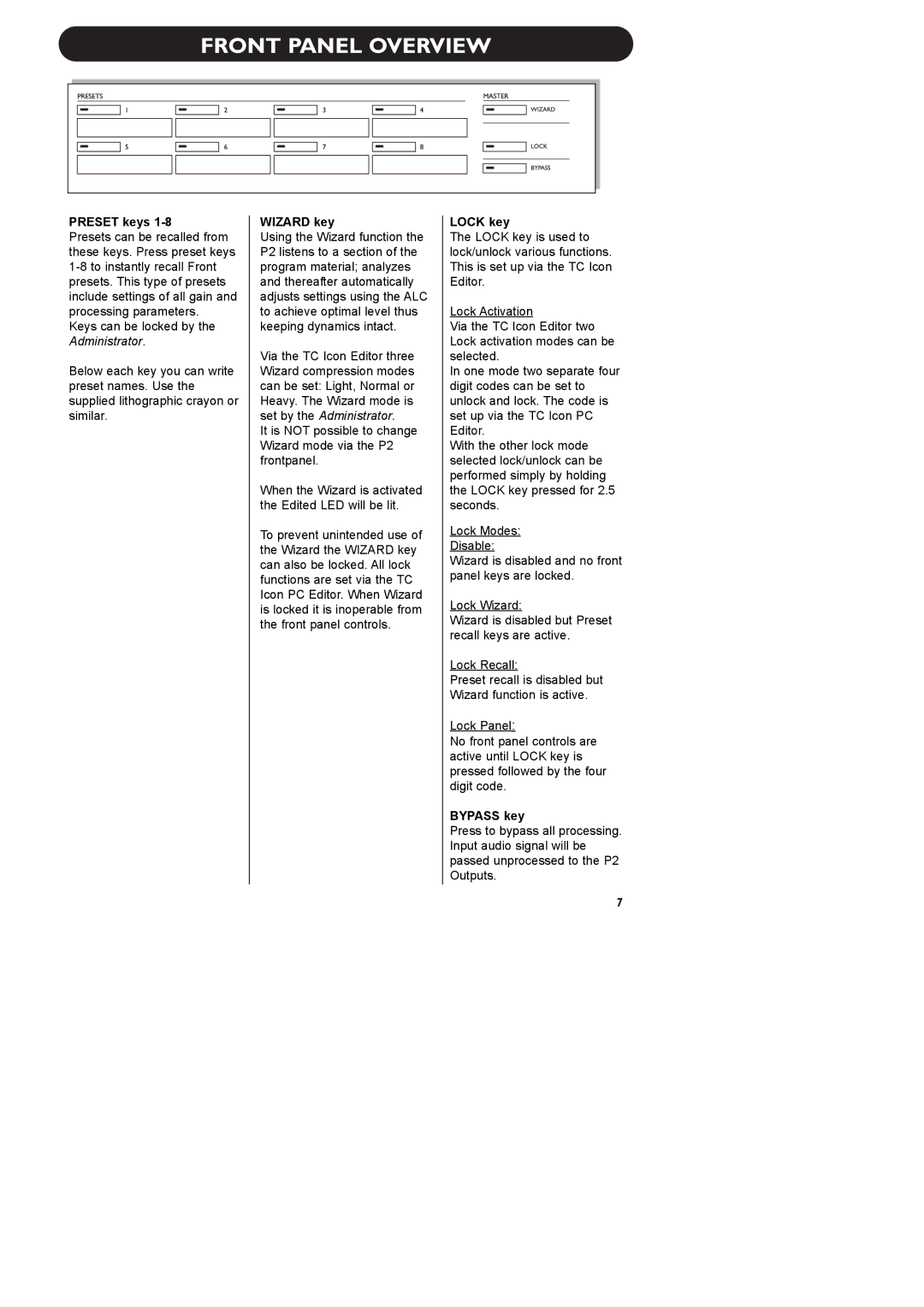 TC electronic SDN BHD P2 manual Preset keys, Wizard key, Lock key, Bypass key 