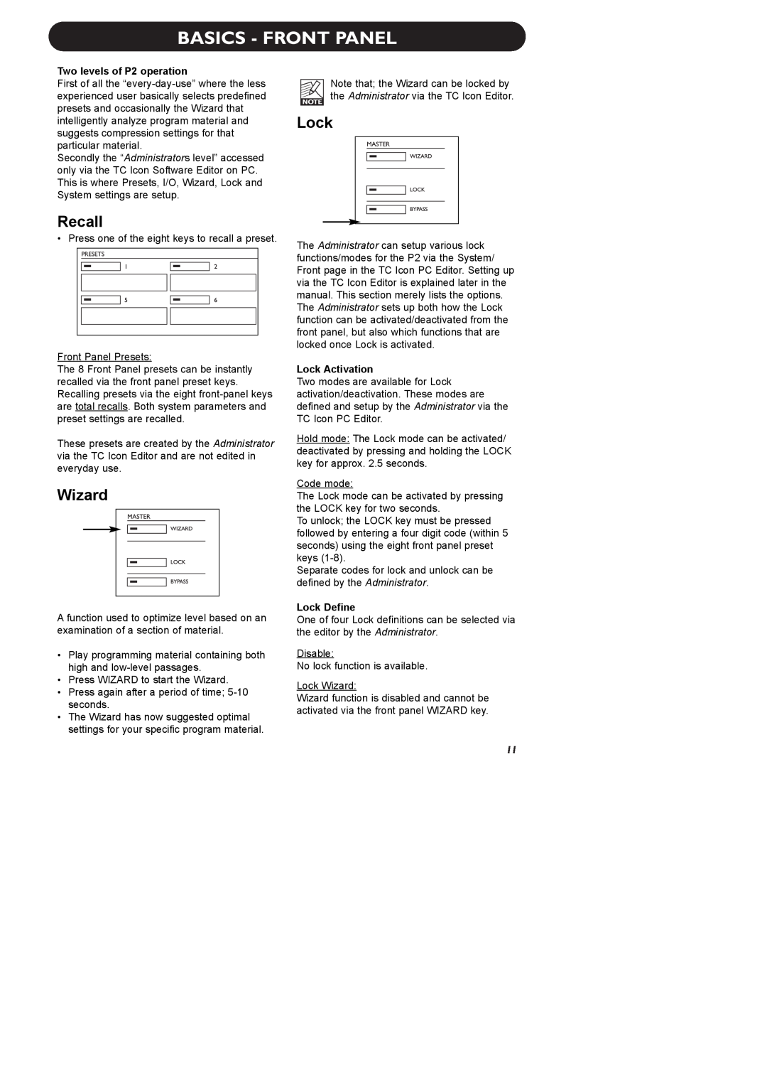 TC electronic SDN BHD manual Basics - Front Panel, Recall, Wizard, Two levels of P2 operation, Lock Activation 