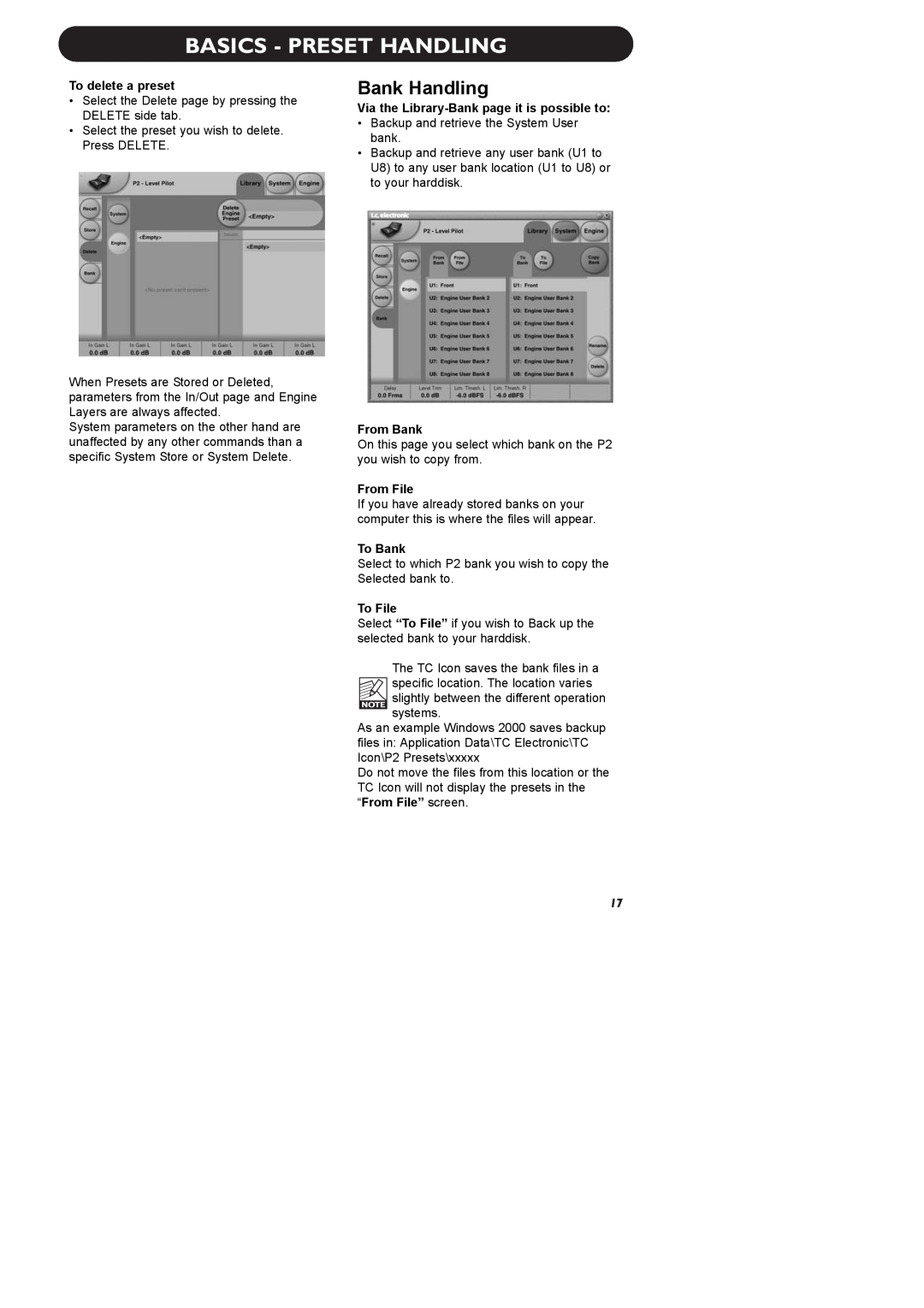 TC electronic SDN BHD P2 manual Basics - Preset Handling, Bank Handling, To delete a preset, From Bank, From File, To Bank 