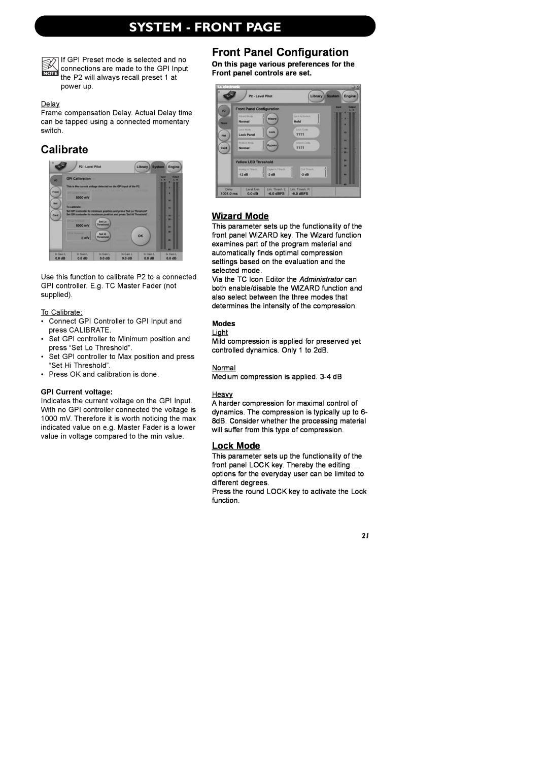 TC electronic SDN BHD P2 manual System - Front Page, Calibrate, Front Panel Configuration, Wizard Mode, Lock Mode, Modes 