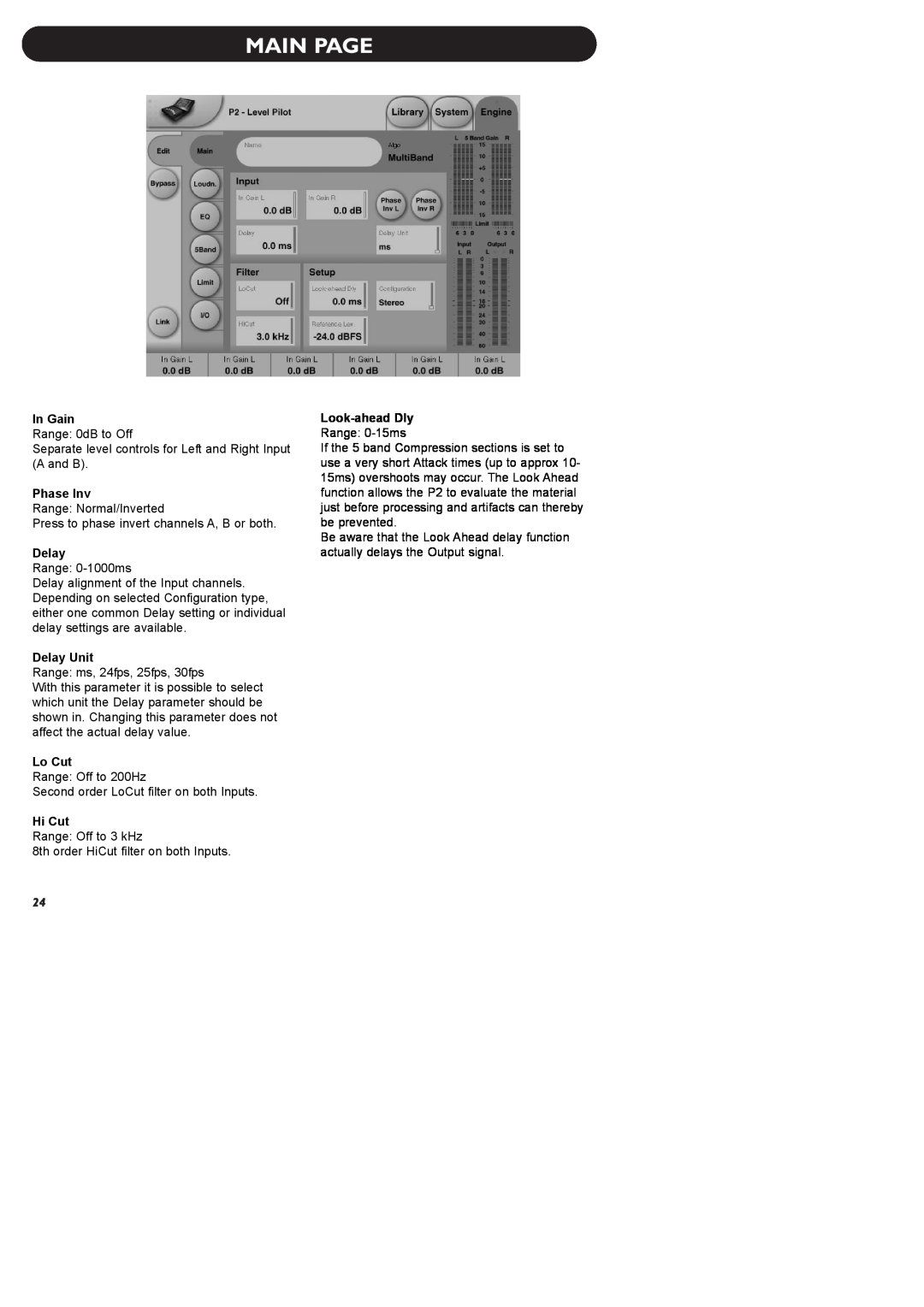 TC electronic SDN BHD P2 manual Main Page, In Gain, Phase Inv, Delay Unit, Lo Cut, Hi Cut, Look-aheadDly 
