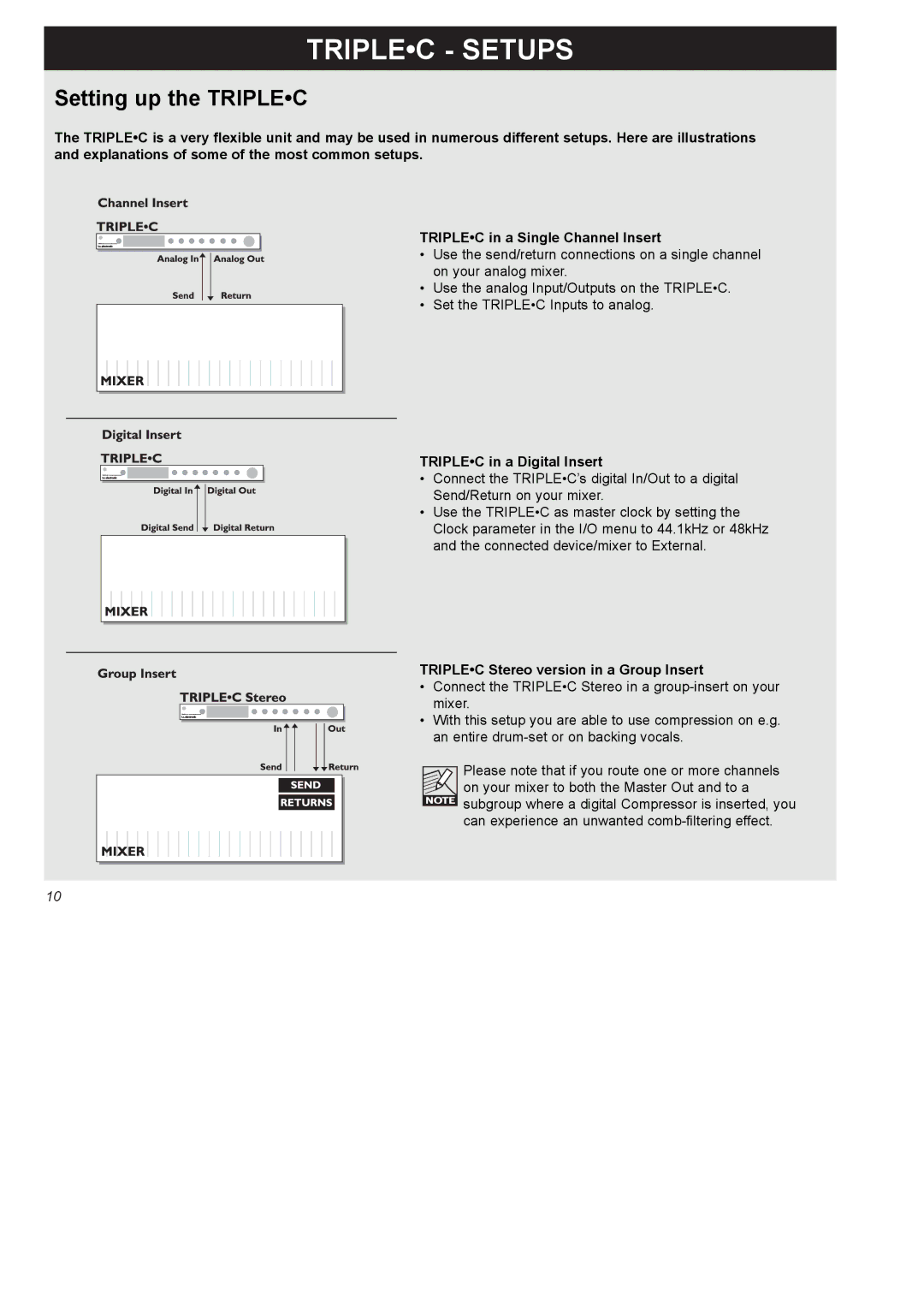 TC electronic SDN BHD SDN BHD user manual Triplec Setups, Setting up the Triplec, Triplec in a Digital Insert 