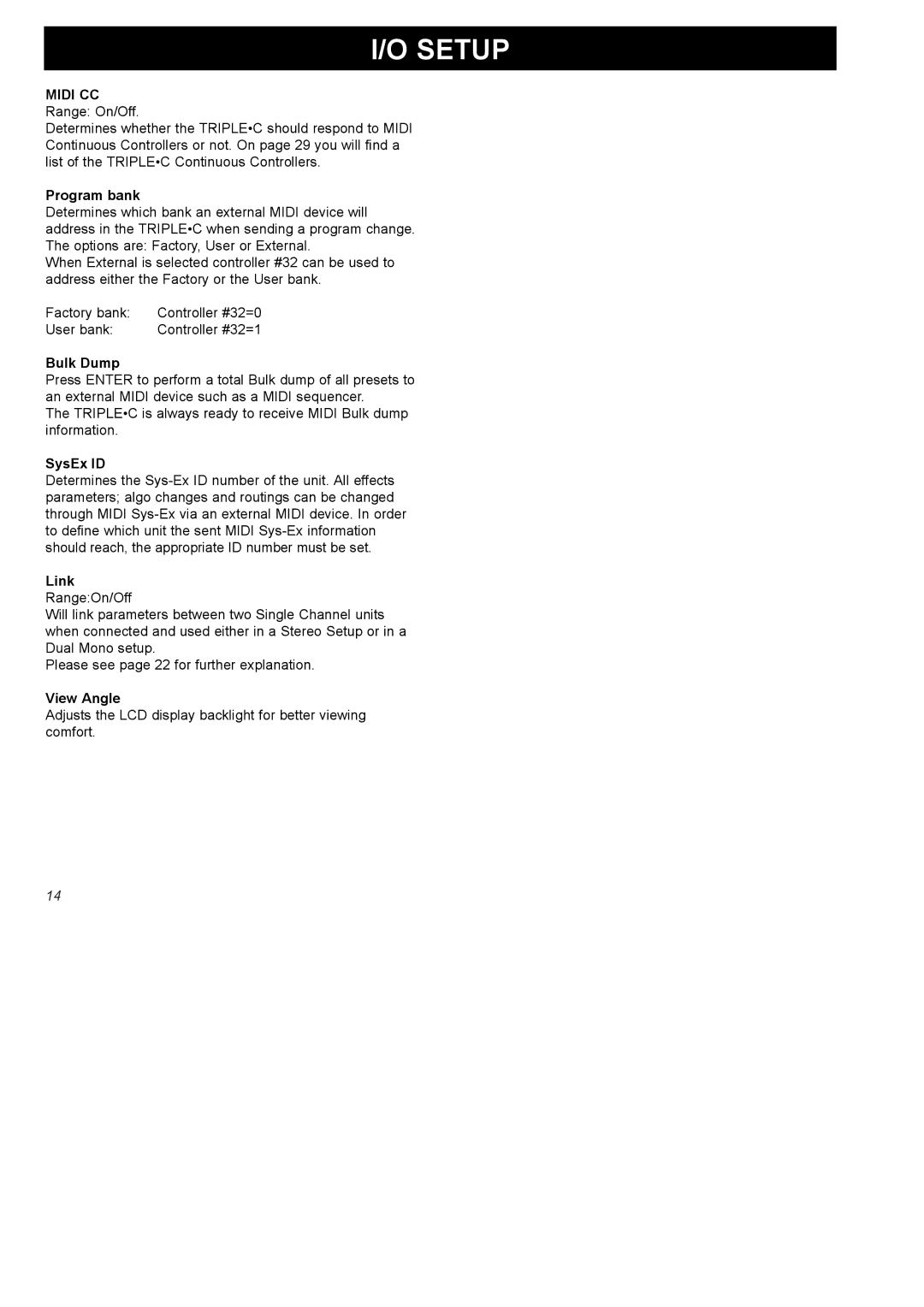 TC electronic SDN BHD SDN BHD Midi CC Range On/Off, Program bank, Bulk Dump, SysEx ID, Link RangeOn/Off, View Angle 