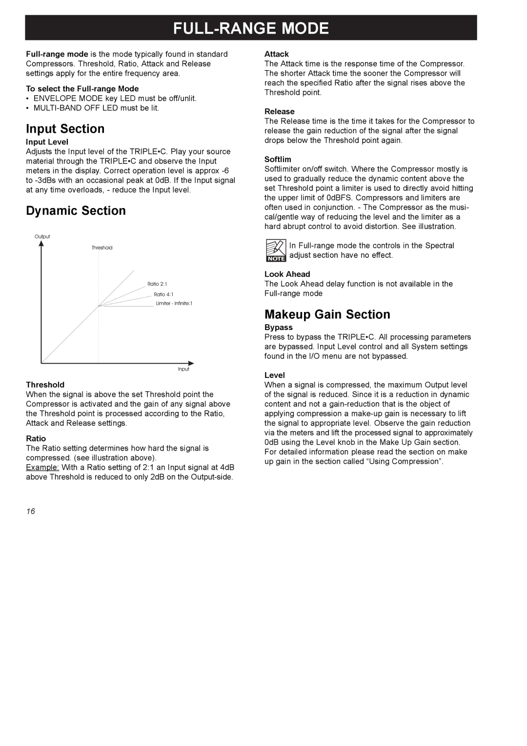 TC electronic SDN BHD SDN BHD user manual FULL-RANGE Mode, Input Section, Dynamic Section, Makeup Gain Section 