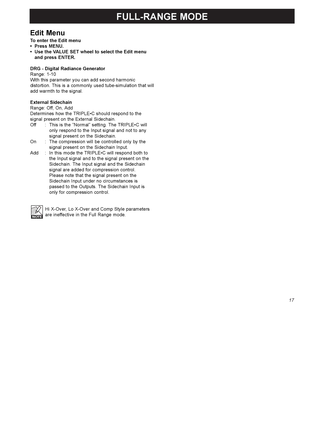 TC electronic SDN BHD SDN BHD user manual Edit Menu, External Sidechain 