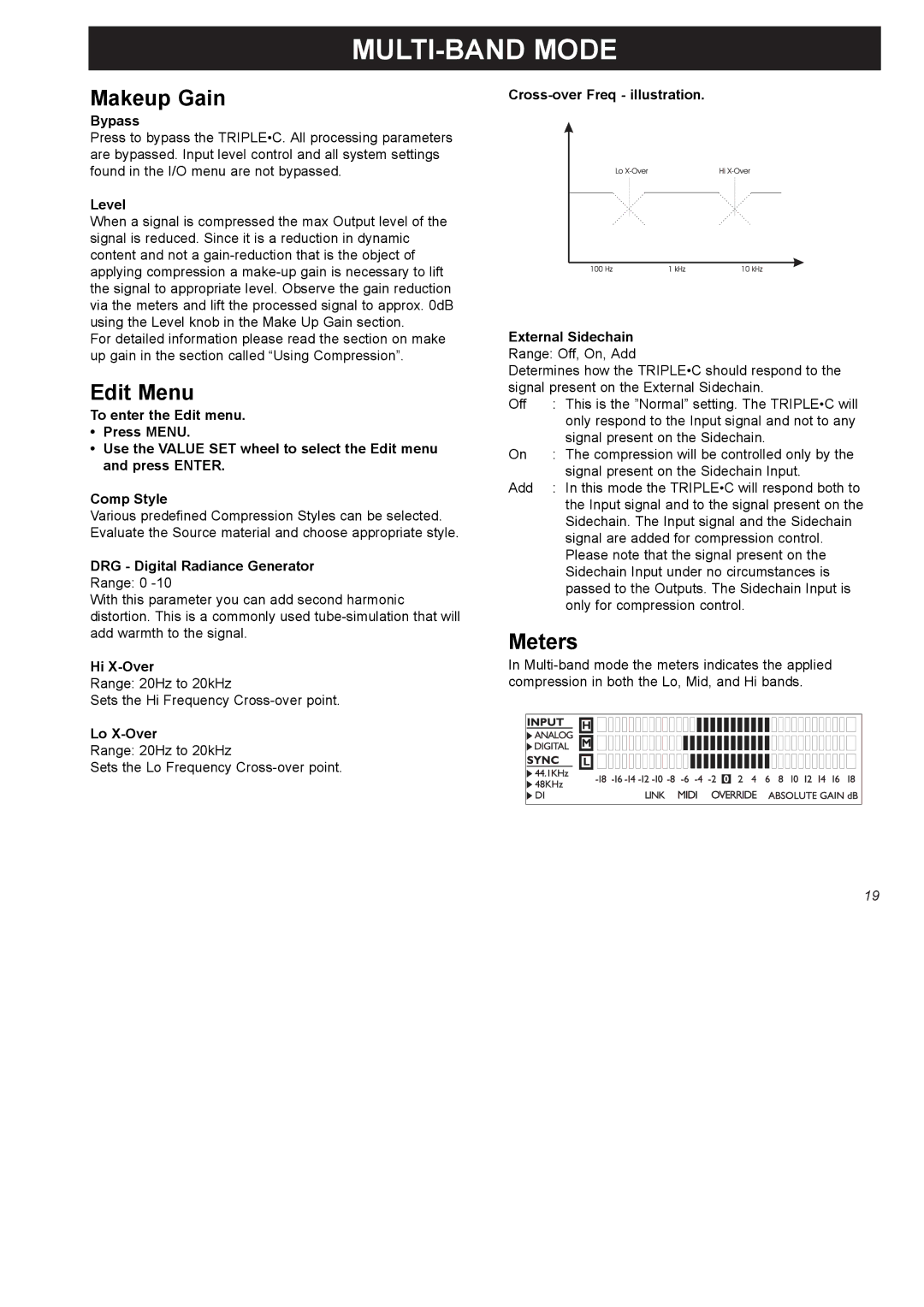 TC electronic SDN BHD SDN BHD Makeup Gain, Meters, Hi X-Over, Lo X-Over, Cross-over Freq illustration External Sidechain 