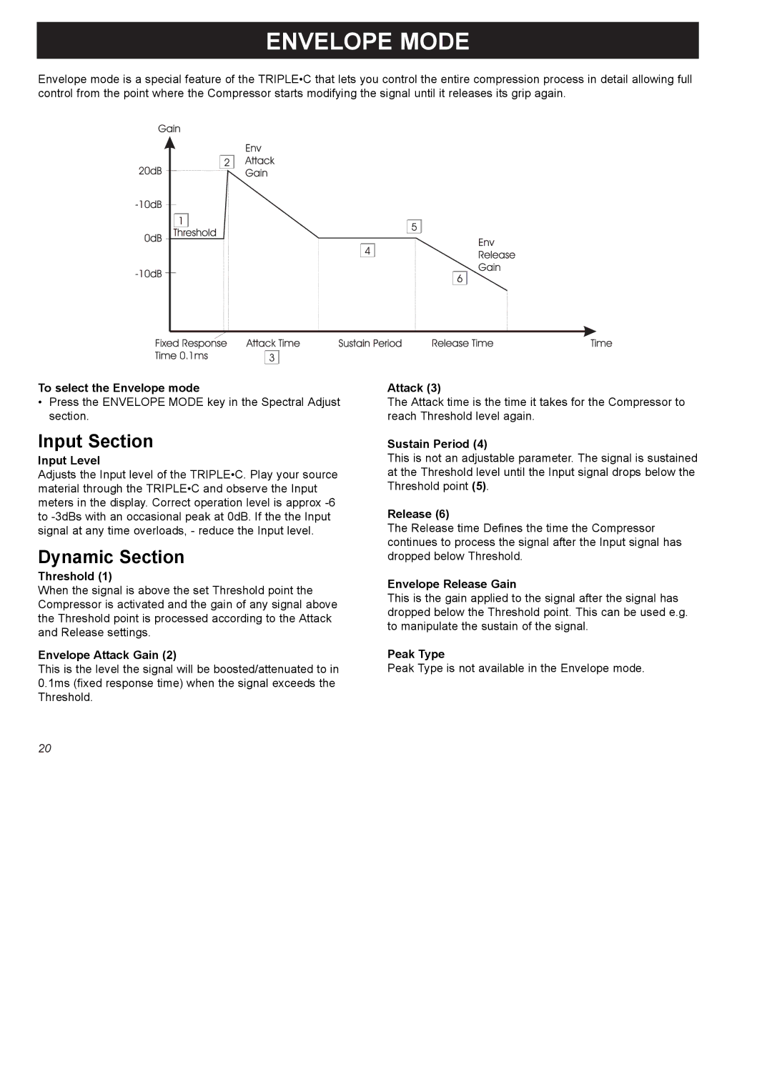 TC electronic SDN BHD SDN BHD user manual Envelope Mode, To select the Envelope mode, Envelope Attack Gain, Sustain Period 