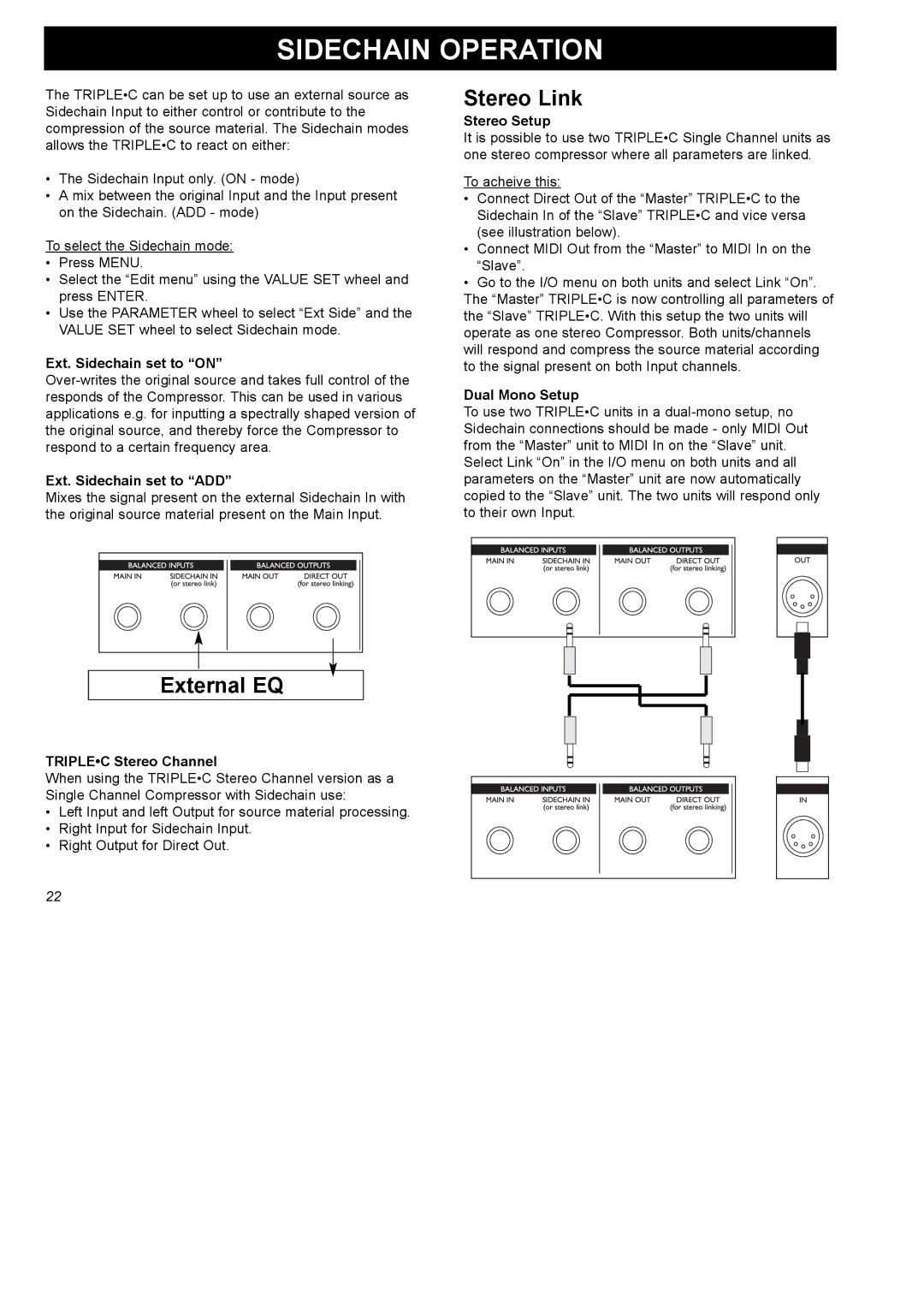 TC electronic SDN BHD SDN BHD user manual Sidechain Operation, Stereo Link, External EQ 