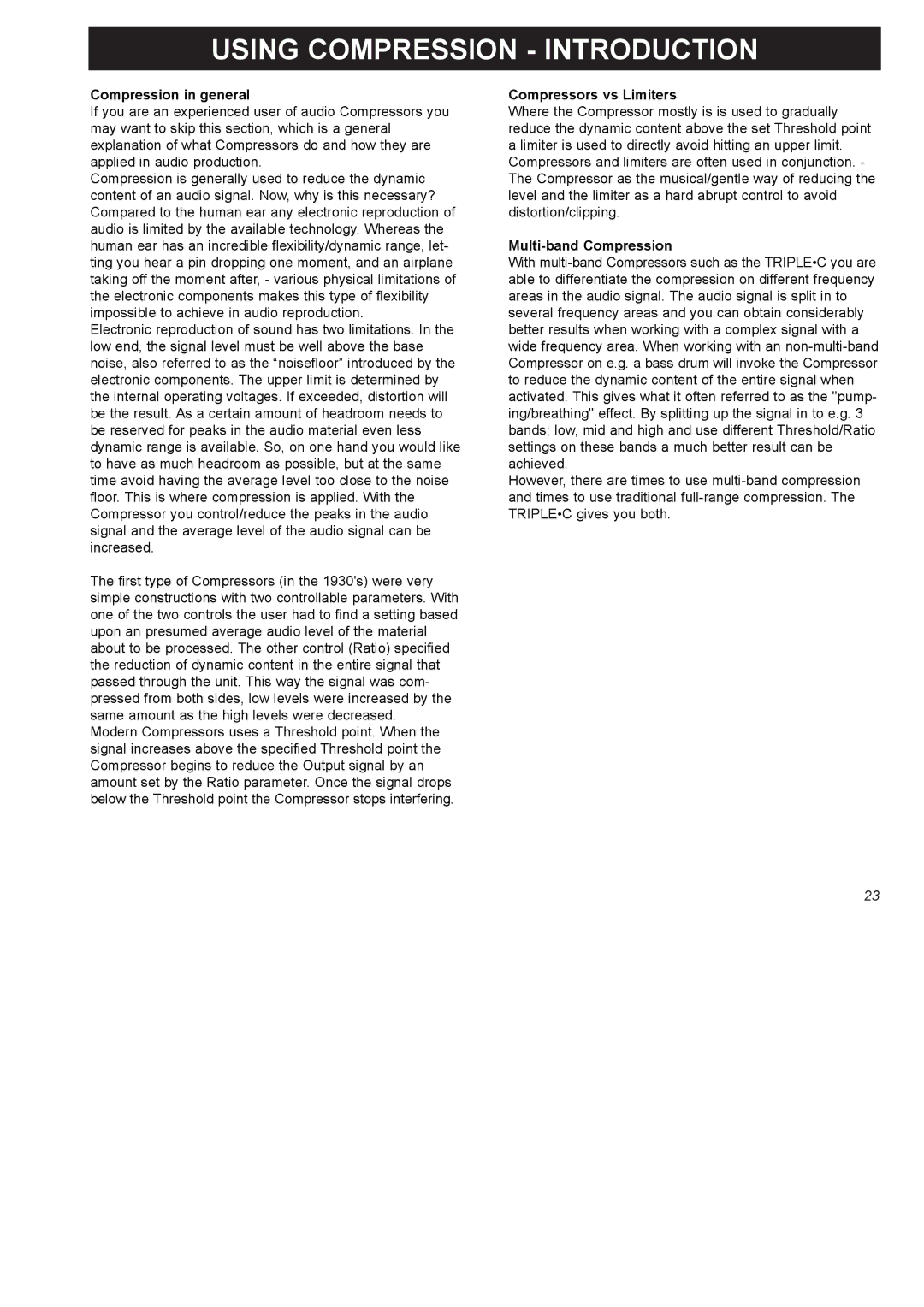 TC electronic SDN BHD SDN BHD user manual Using Compression Introduction, Compression in general, Compressors vs Limiters 