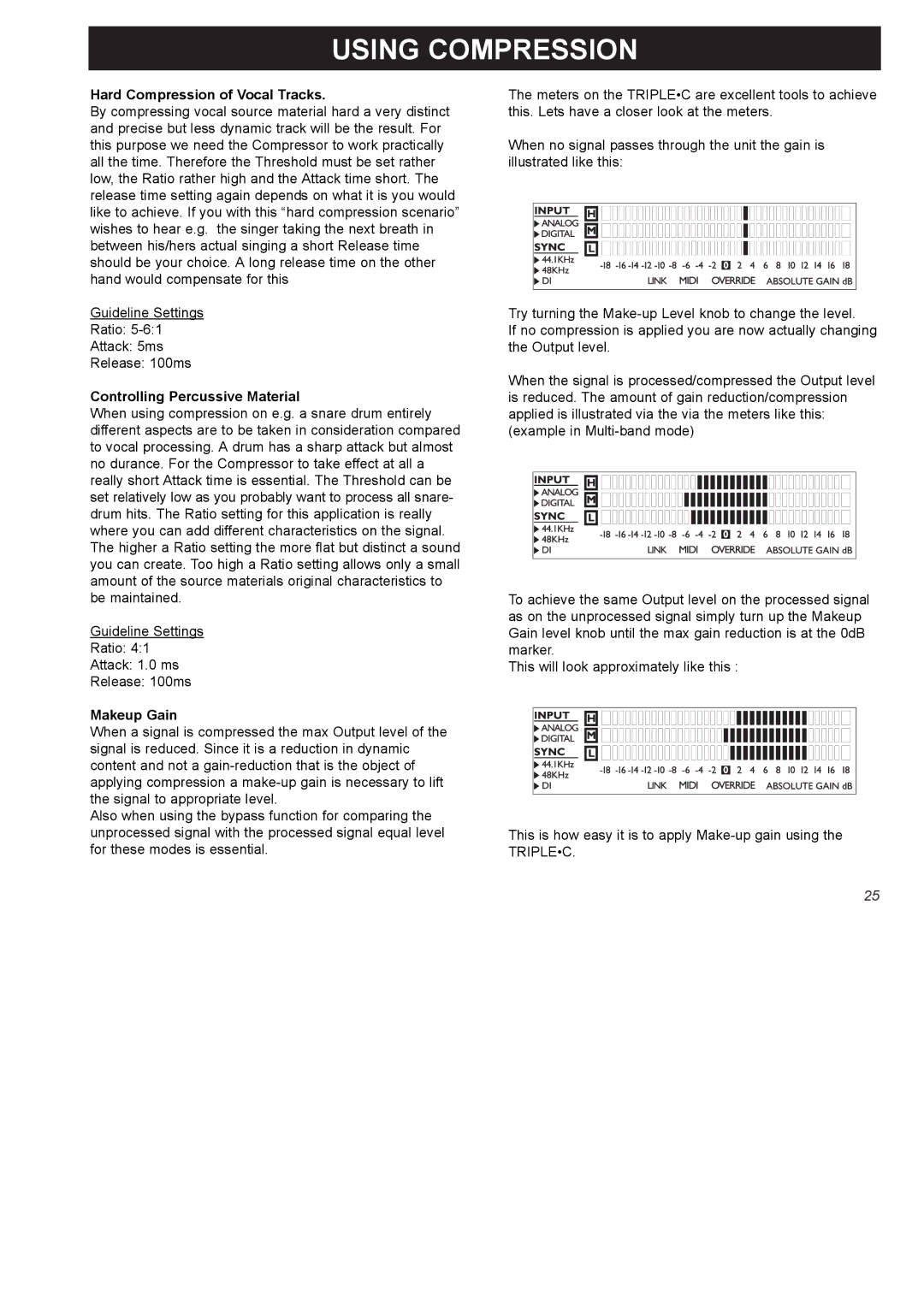 TC electronic SDN BHD SDN BHD user manual Hard Compression of Vocal Tracks, Controlling Percussive Material, Makeup Gain 