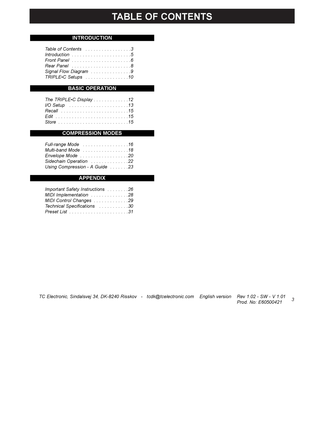 TC electronic SDN BHD SDN BHD user manual Table of Contents 