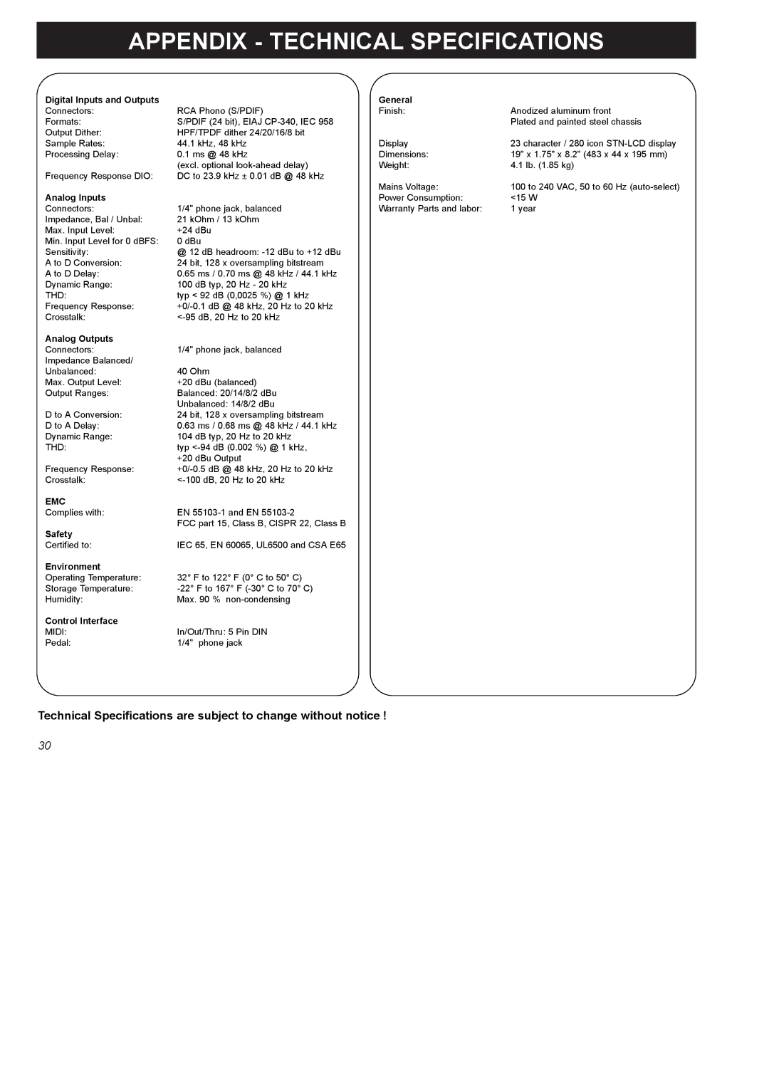 TC electronic SDN BHD SDN BHD user manual Appendix Technical Specifications, Digital Inputs and Outputs General 