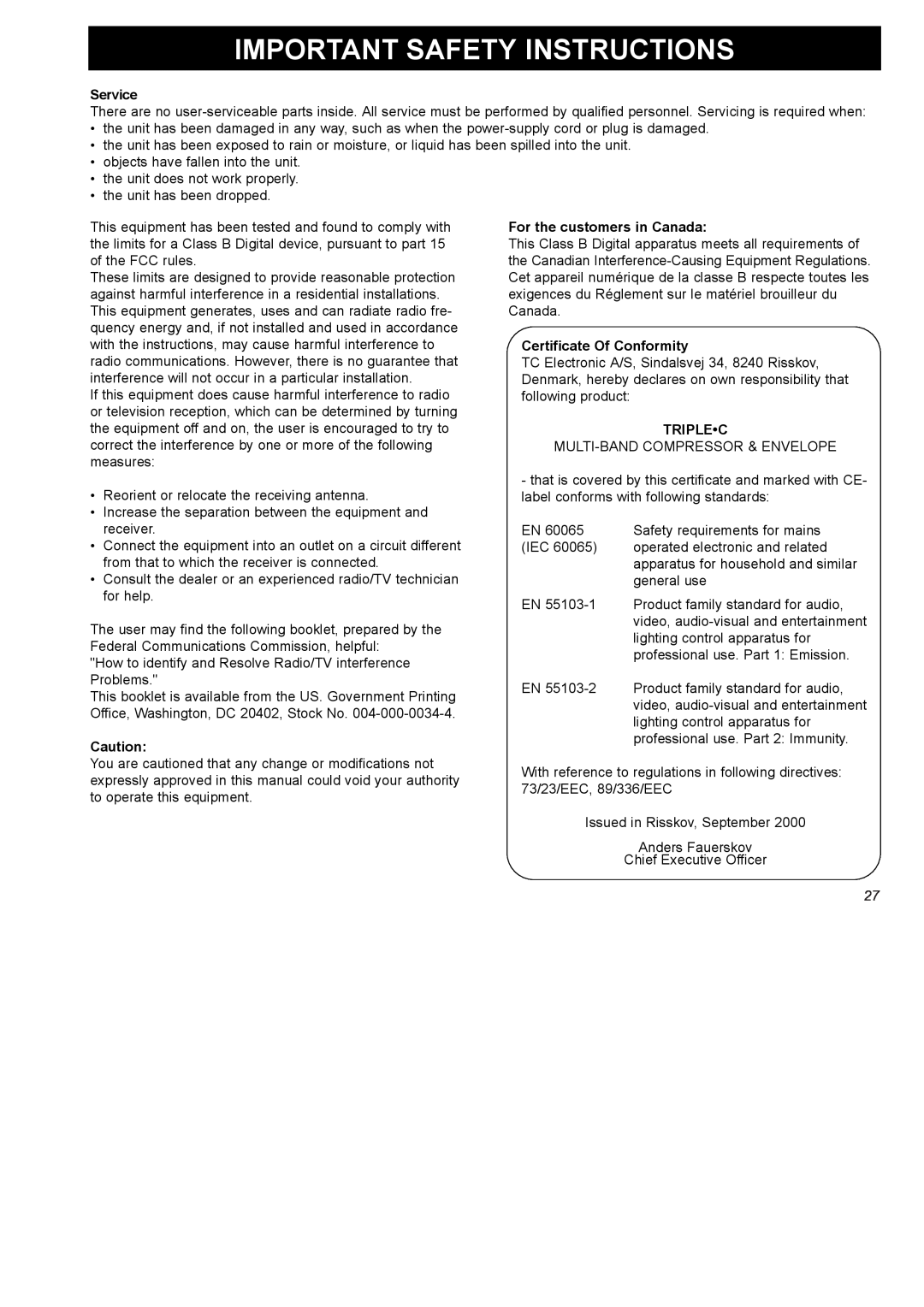 TC electronic SDN BHD SDN BHD user manual Important Safety Instructions, Service, For the customers in Canada, Triplec 