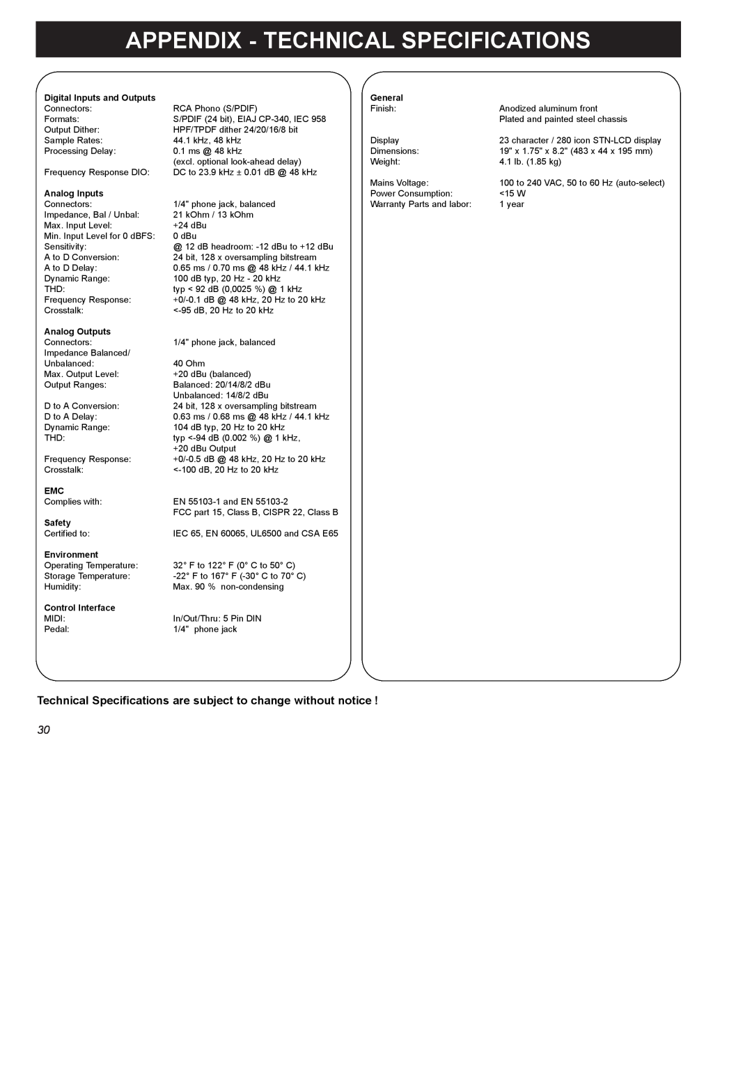 TC electronic SDN BHD SDN BHD Appendix - Technical Specifications, Digital Inputs and Outputs, General, Analog Inputs 